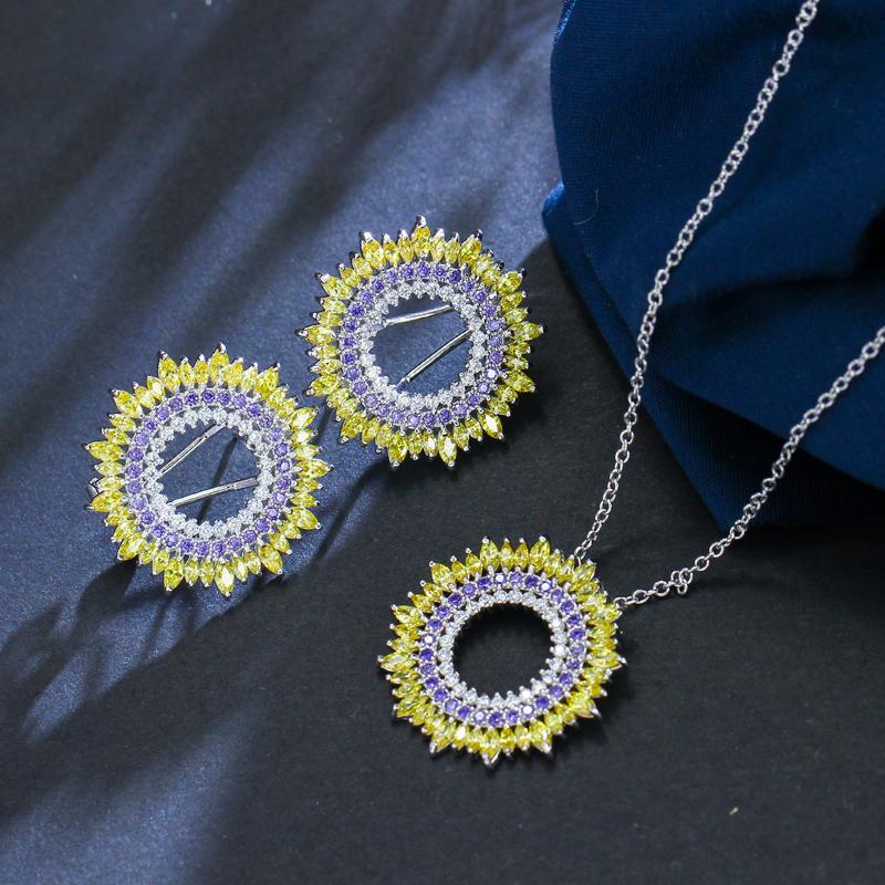 WWJ 2PCS Elegant Sun Shape Cubic Zirconia Earrings Necklace Sets