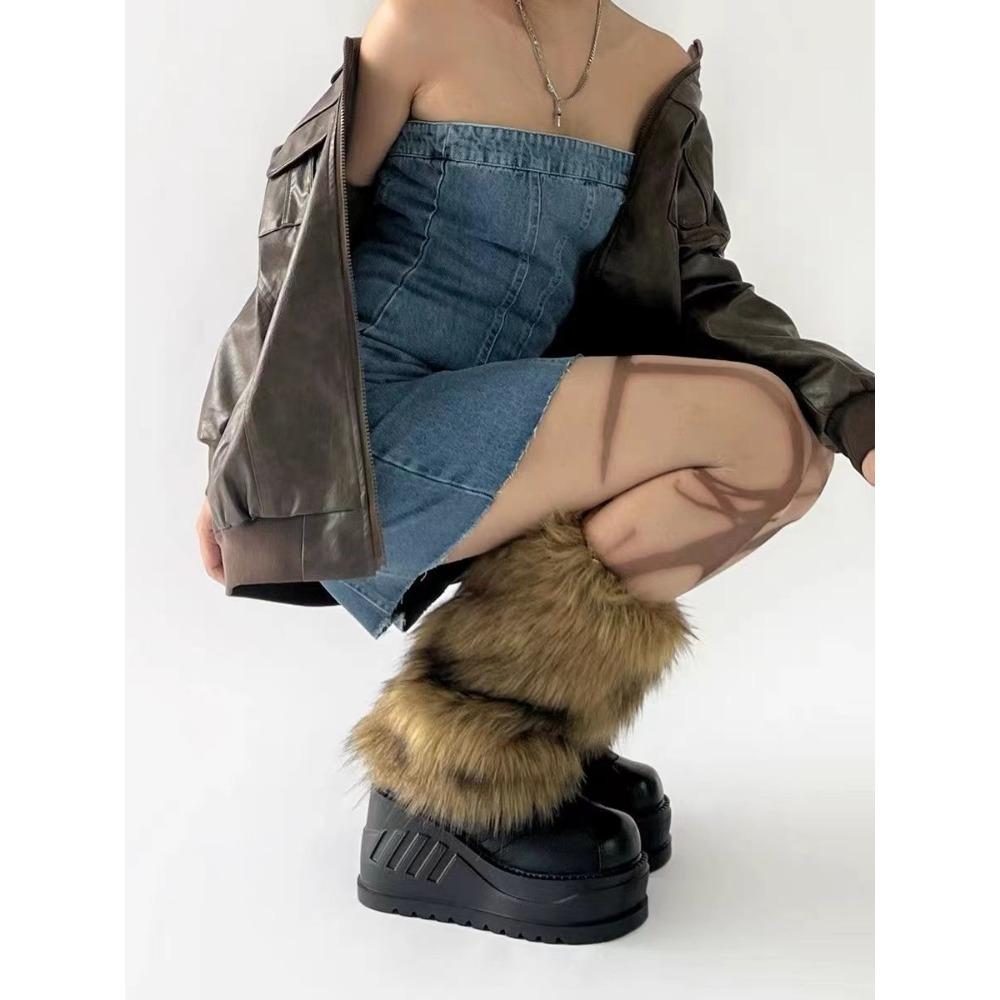 Damen Stulpen Western Cowboy Stil Fellstulpen Braun Retro Hot Girl Fell Socken Lange Fellstiefelsocken Warm und Schlank