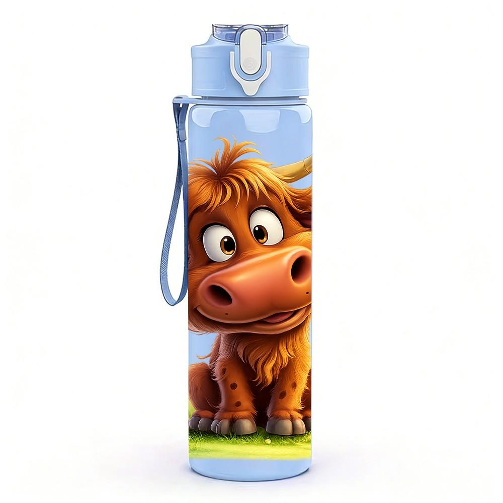 1PC Highland Cow Grass Cartoon Print 750ml Color Plastic Sports Water Bottle Leakproof Flip Straw Lid Suitable for Sports Office Home Use