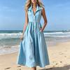 Robe chemise maxi d'été pour femme Sans manches Boutonnée Col revers Longue Robe Vacances à la plage Coupe A Lâche Robe d'été avec poches