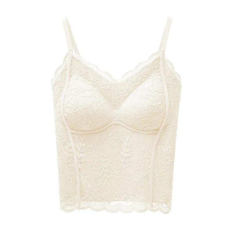 Women Romantic Lace Camisole Top With Built In Bra Pads Slim Fit Inner Wear