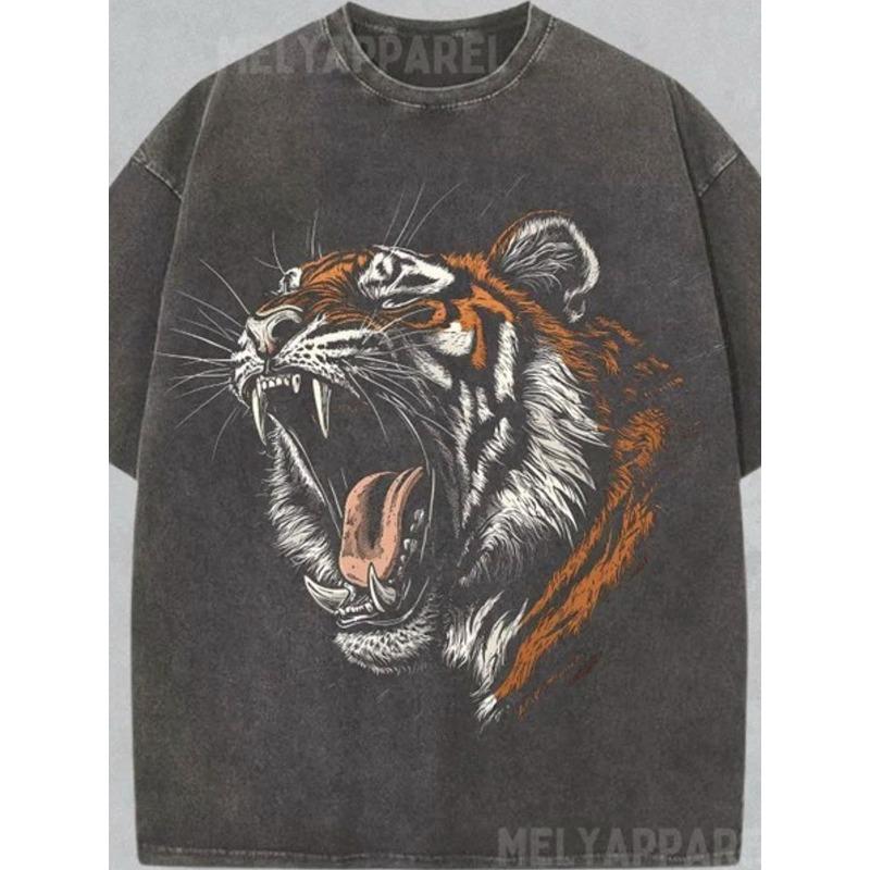 Men s Heavy Washed Retro Tiger T-Shirt - Loose Fit Crew Neck Short Sleeve with Orange Tiger Face Print, Soft Breathable Cotton Streetwear Tee S чёрный