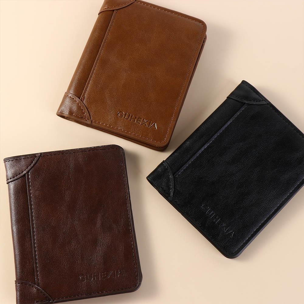 Urban Recreational Style 2 Fold Wallets Solid Color Male Leather Purse Anti-theft Cash Bag Men