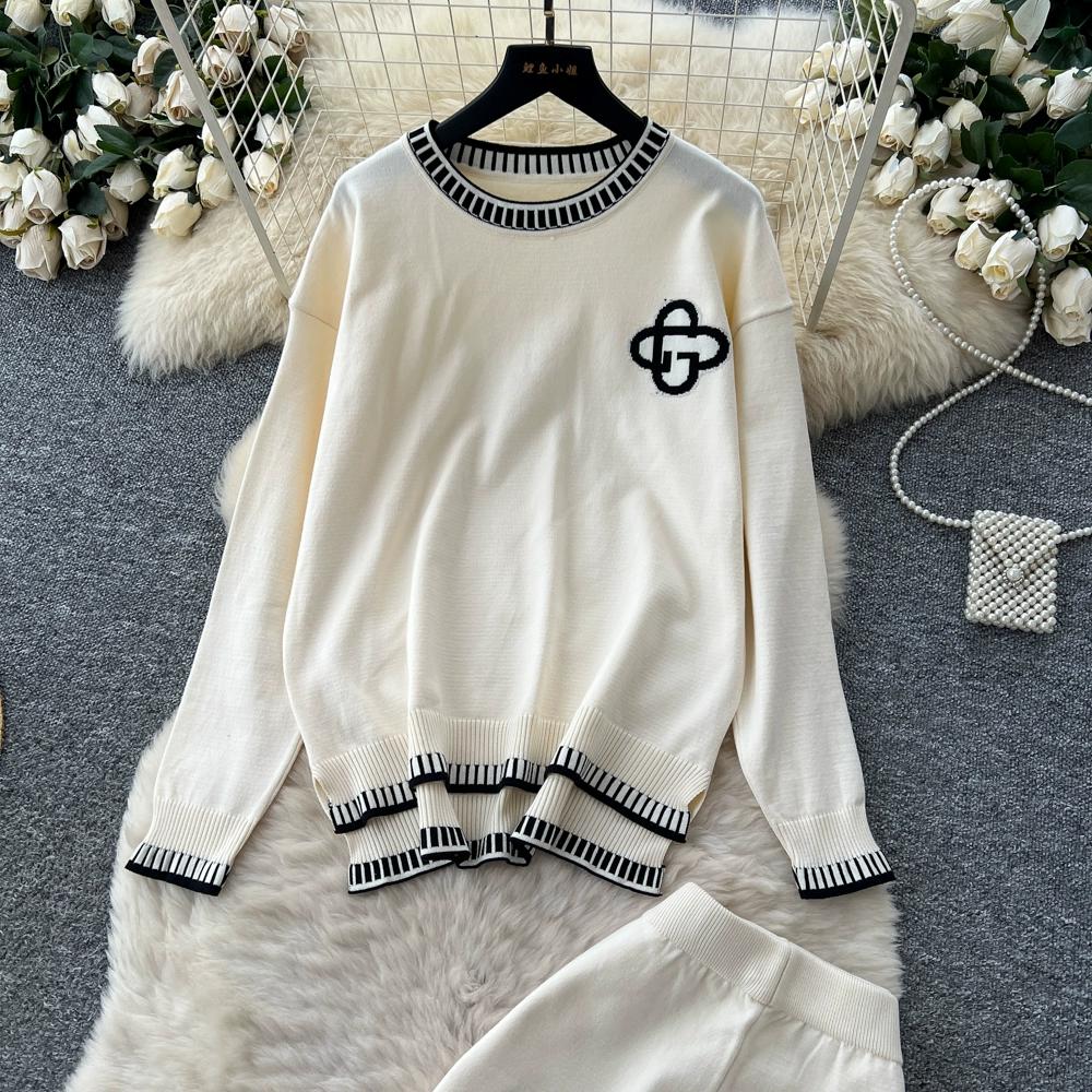 Höst Vinter Dam Casual Stickad Tröja Byxa Tvådelat Set Helärmad Pullover Toppar och Vida Ben Byxor Träningsoverall