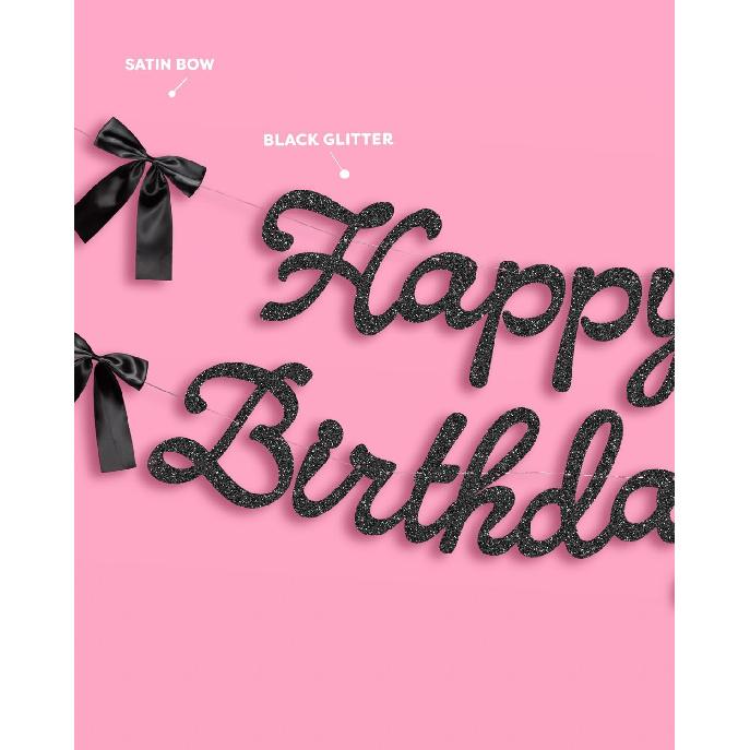 Xo, Fetti Happy Birthday Banner, Black Glitter + Satin Bows - 5.5 Ft. | Birthday Decorations, Coquette Bday Decor, 30th Party Sign, 21st Photo Booth