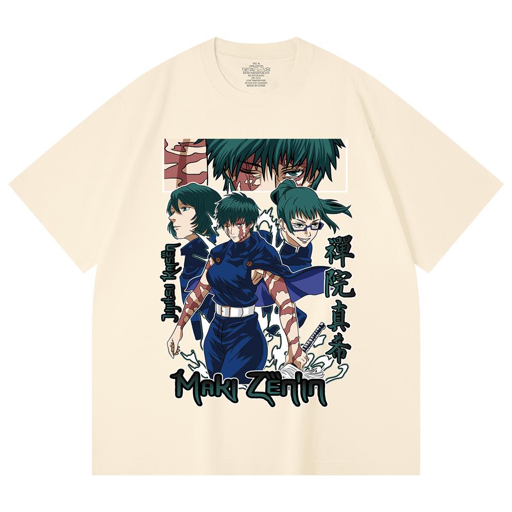 

230 Gsm 100% Cotton Jujutsu Kaisen V43 Maki Print Unisex Heavy Cotton T Shirt XS абрикосовый