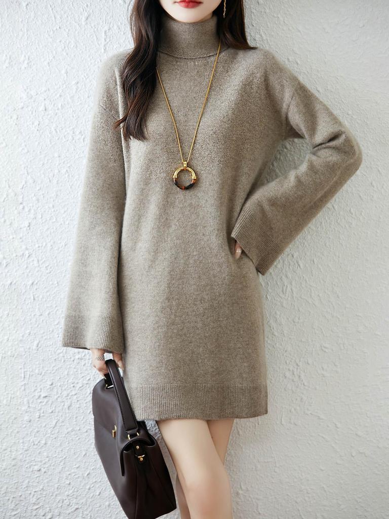 Women's High Neck Loose Fit Wool Maxi Dress with Bell Sleeves - Autumn/Winter Collection