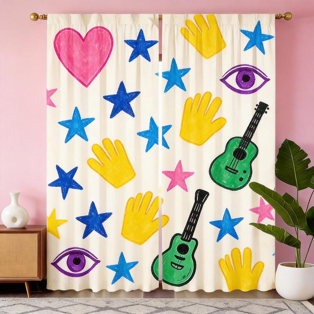 Graffiti Art Curta 2Pcs – Black And White Pop Culture Icons, Guitar Heart Eye Camera, Urban Street Style For Living Room And