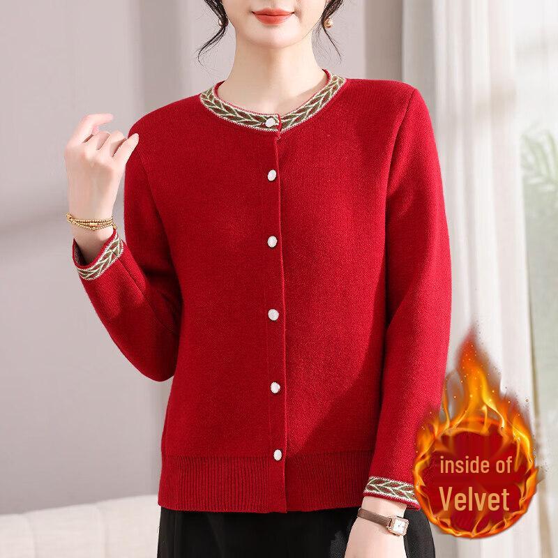 XUEXI Women s Red Fleece-Lined Cardigan Sweater XL