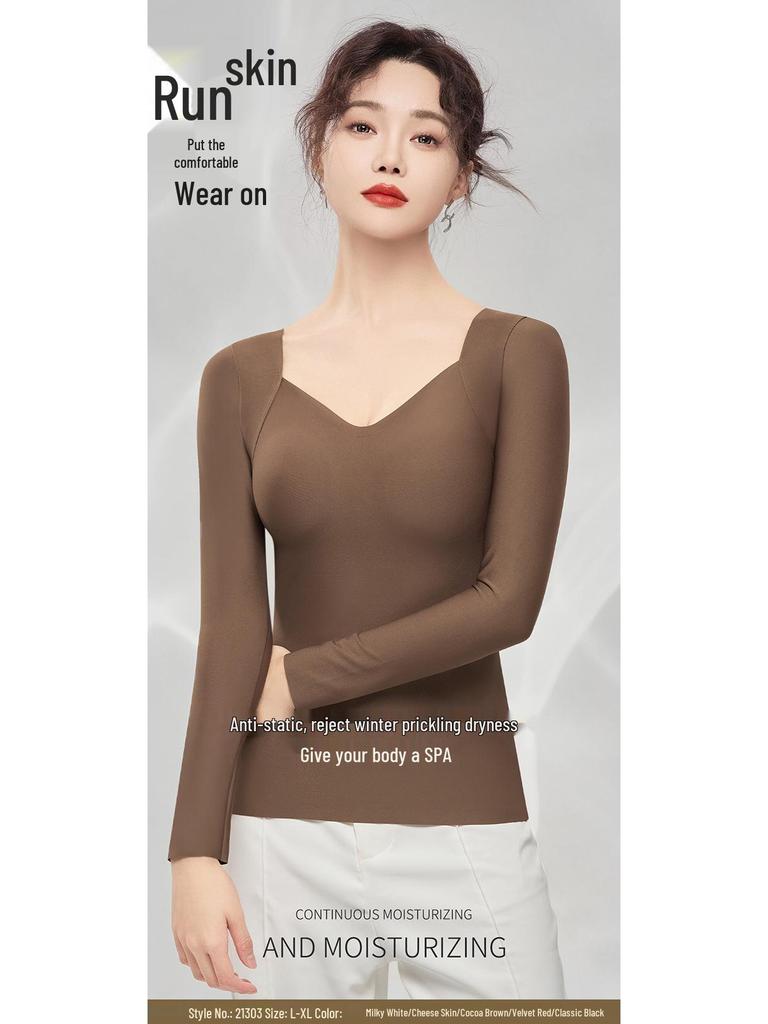 Hyaluronic Acid Skin-Beautifying Long Sleeve Top with Chest Pads - Warm, Seamless Base Layer for Autumn and Winter