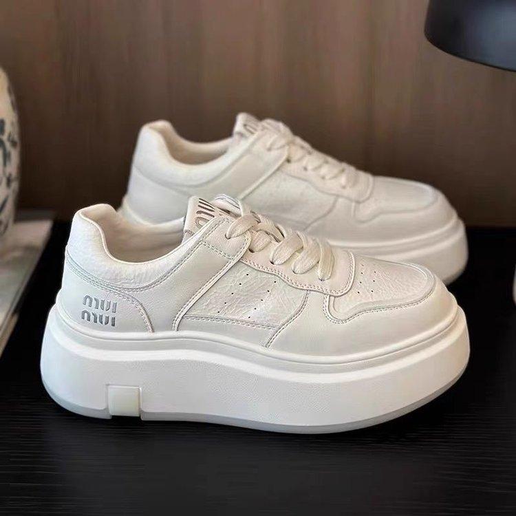 SyfIyno New Spring Summer Soft Leather Thick Soled Shoes Casual Sports Shoes Low Cut Height Increasing Flat Shoes