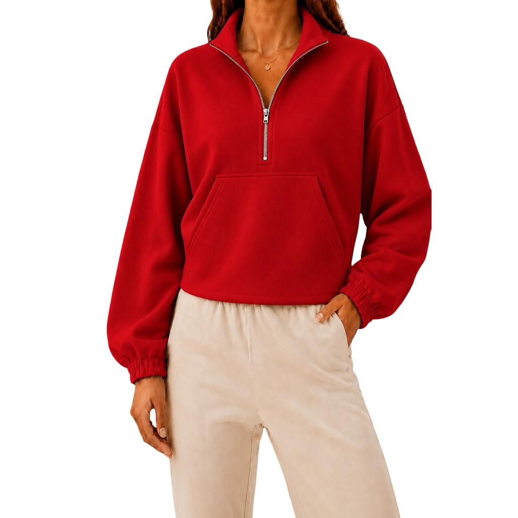 Damen Halbreißverschluss Cropped Langarm Sweatshirt mit Umlegekragen