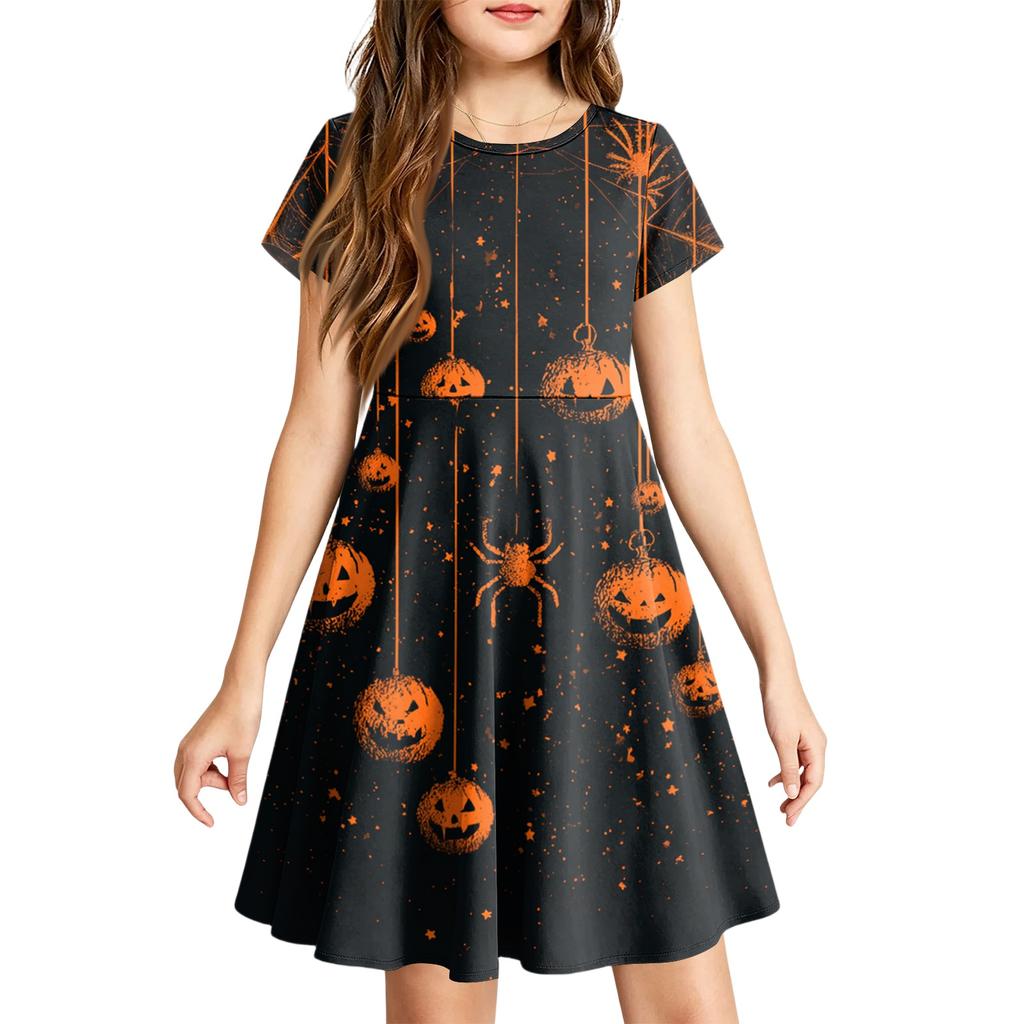 Girls Halloween Printed Short Sleeve Dress with Pockets for Party Costume