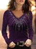 Women's Plus Size Slim Fit V-neck Printed Long Sleeve T-shirt Base Shirt