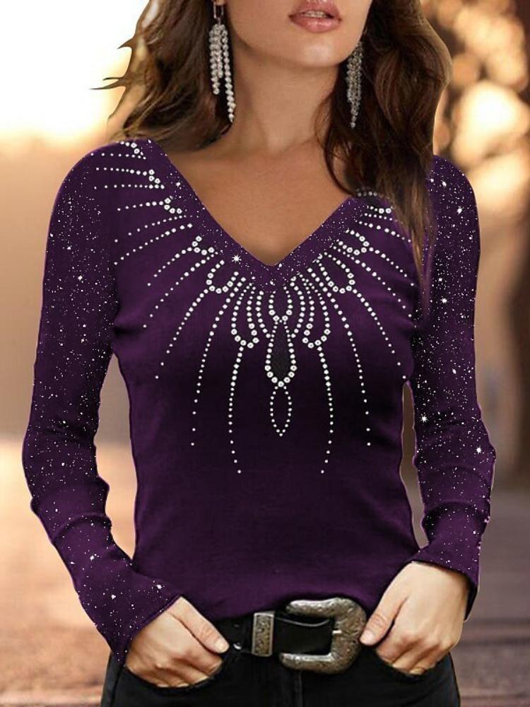 Women's Plus Size Slim Fit V-neck Printed Long Sleeve T-shirt Base Shirt