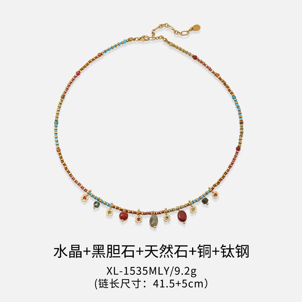 GEMCHIC Women s Boho Gemstone Beaded Necklace and Bracelet Set with Tassel Gold Plated Titanium Steel Ethnic Jewelry