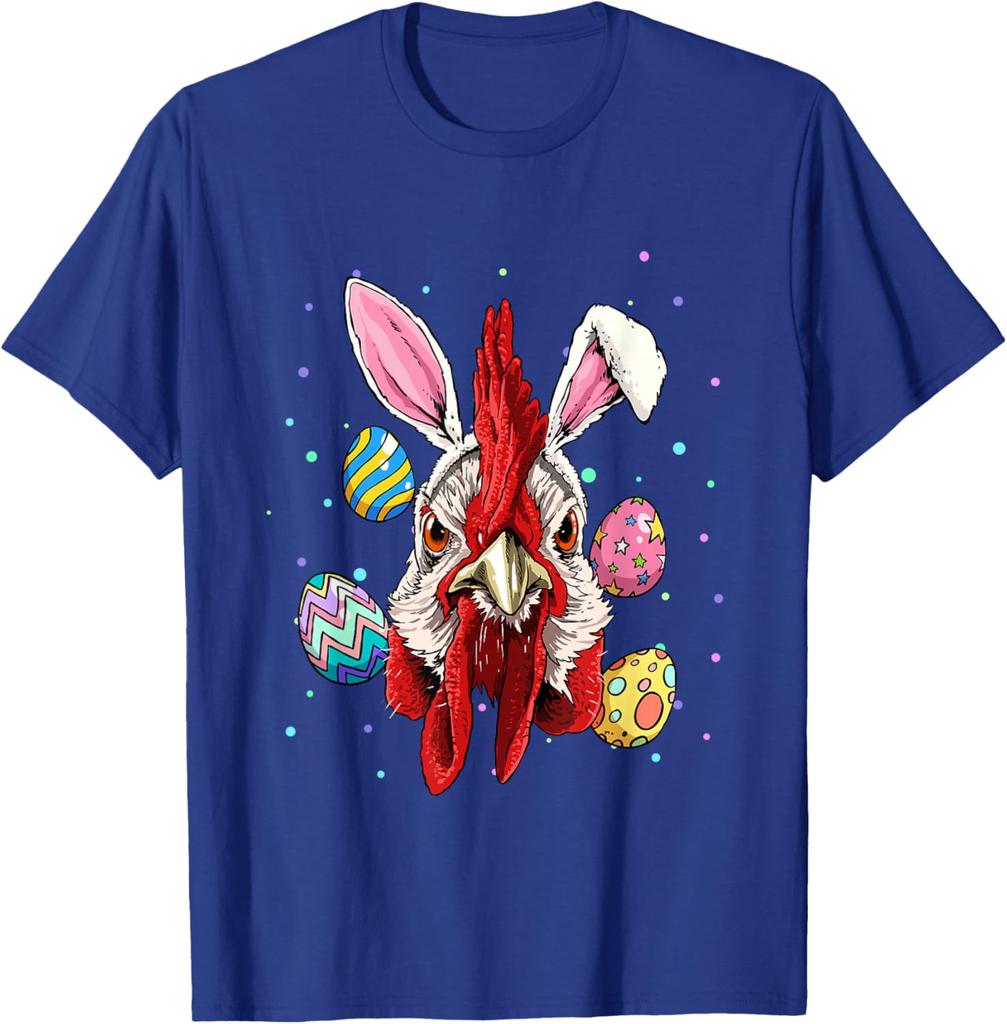 Funny Rooster Bunny Easter Egg Graphic Tee Men's Casual Short Sleeve T-Shirt Trip