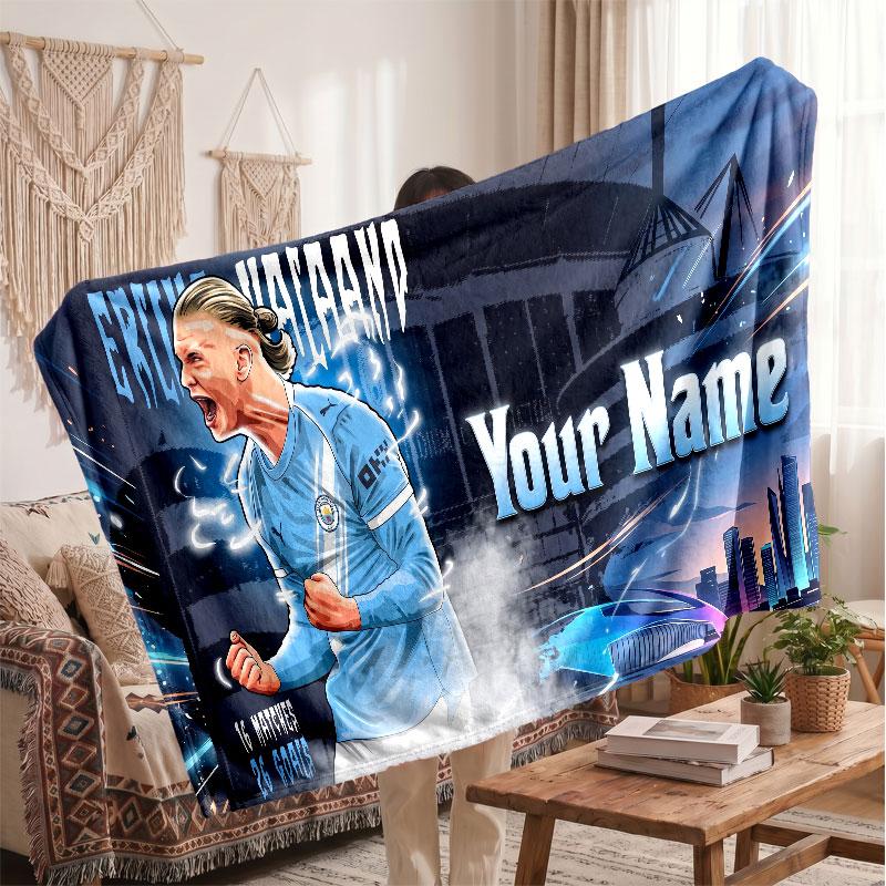 Erling Haaland Personalized Fleece Blanket With Football Logo, Custom Name Text Soft Warm Home Throw Blanket