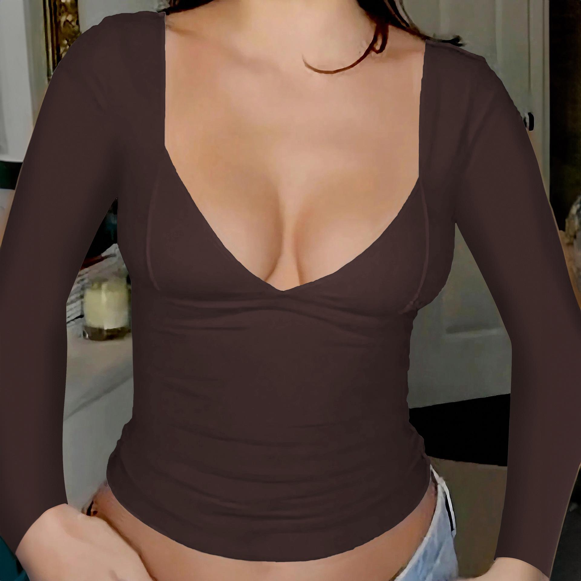 

Женский топ с V-образным вырезом, облегающий низ, длинные рукава XL коричневый