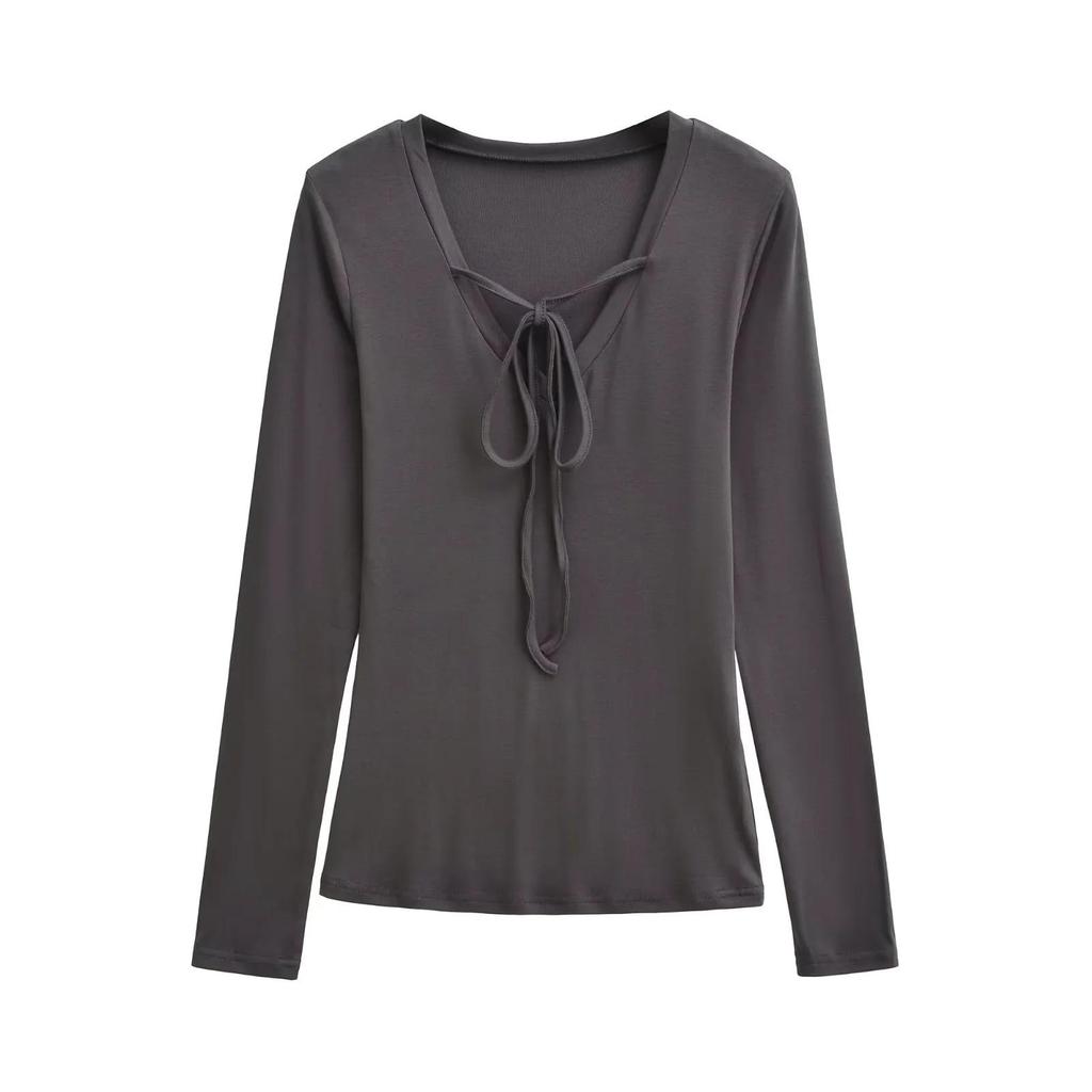 Women's Deep V-Neck Lace-Up Long Sleeve Slim Fit Autumn Top