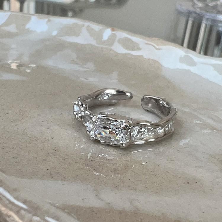 925  Silver Irregular White Square Diamond Zircon Heart Ring Ins Women's Fashion Light Luxury Open Adjustable Stackable Niche Minimalist