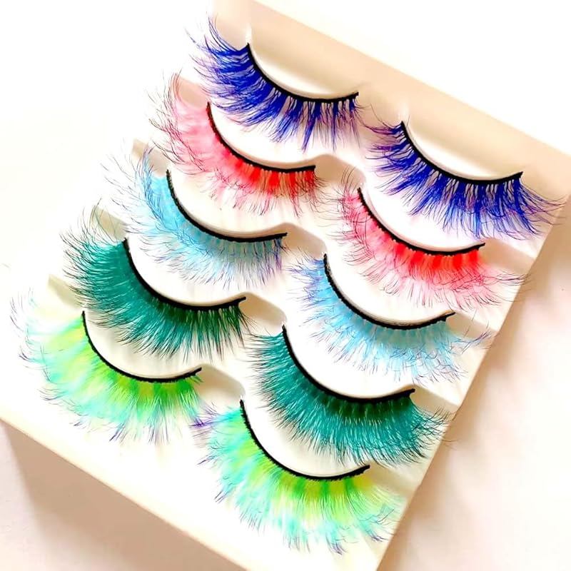 Sunniess Ombre Colored Lashes Silk Protein Fluffy Wispy Volume Fake Lashes for Halloweens Cosplay Party Stage Russian D Curl Lashes with Color Make