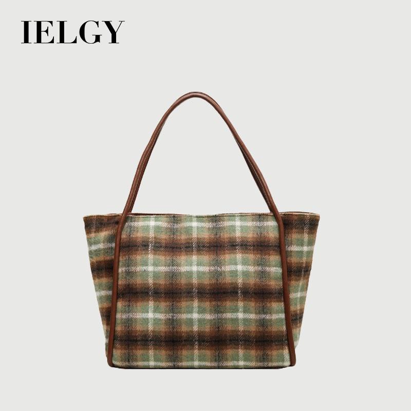 Ielgy Woolen Plaid Large-Capacity Tote Bag All-Match Casual One-Shoulder Class Com