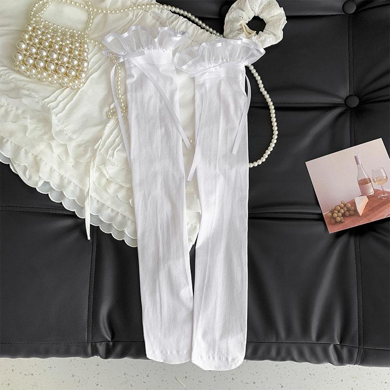 Japonský JK styl Bílé podkolenky Dětské Letní Tenké Mírně Průhledné Vysoké Čistá touha Styl Mašle Krajka Stehenní Ponožky