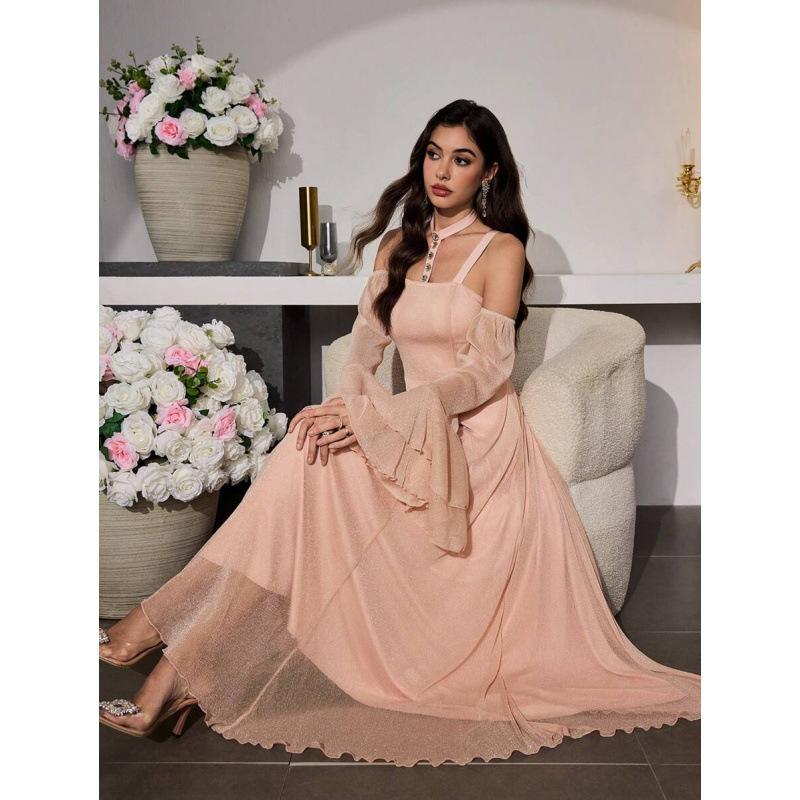 Neck sling horn sleeve elegant dress women s 2026 spring new waist and thin skirt S