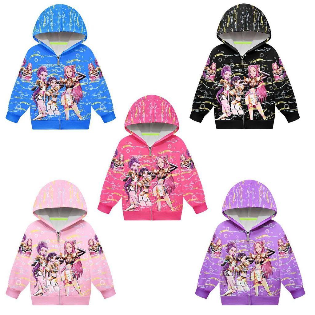 Kids Girls POP Singer Rumi Zoey Mira Printed Casual Hooded Zipper Long Sleeves Jacket Coat