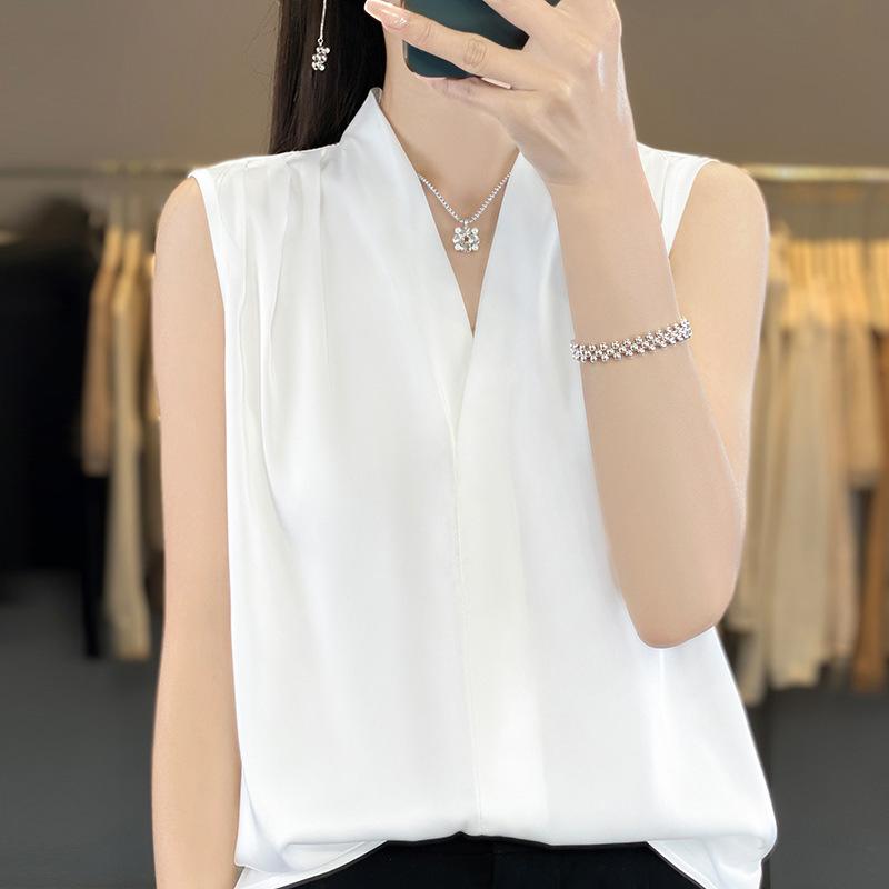 VEZFAA Damenmode Casual Sommer Frühling Einfarbig Druck Ärmellose V-Ausschnitt Blusen & Hemden