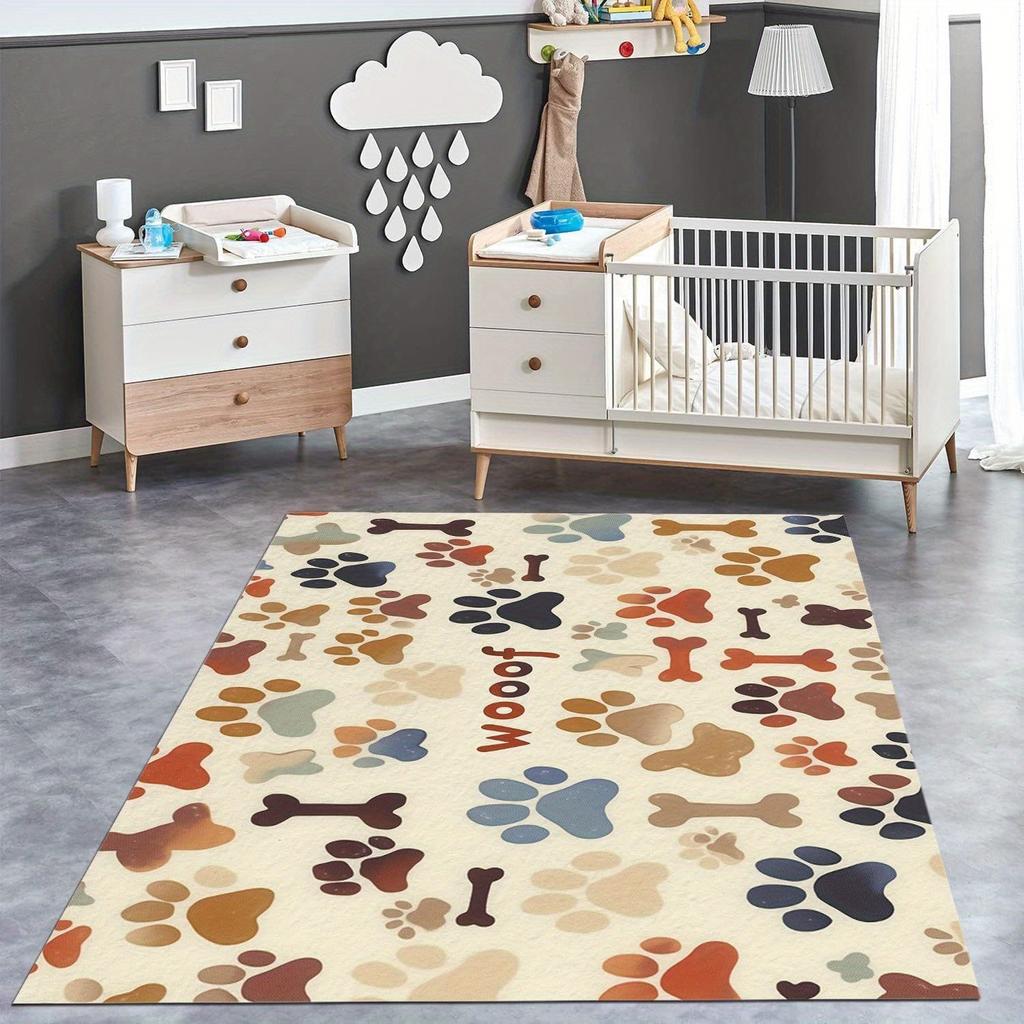 Velvet Dot Plush Dog Paw Print Area Mat Non Slip Living Room Bedroom Cozy Indoor Decor Rubber Backing Beige Brown Orange