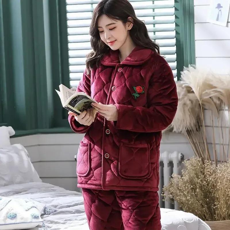 Sleepwear Women Winter Home Sleep Clothes Three Layer Thick Cotton Nightgown Flannel Coral Fleece Warm Coat Large Homewear Set