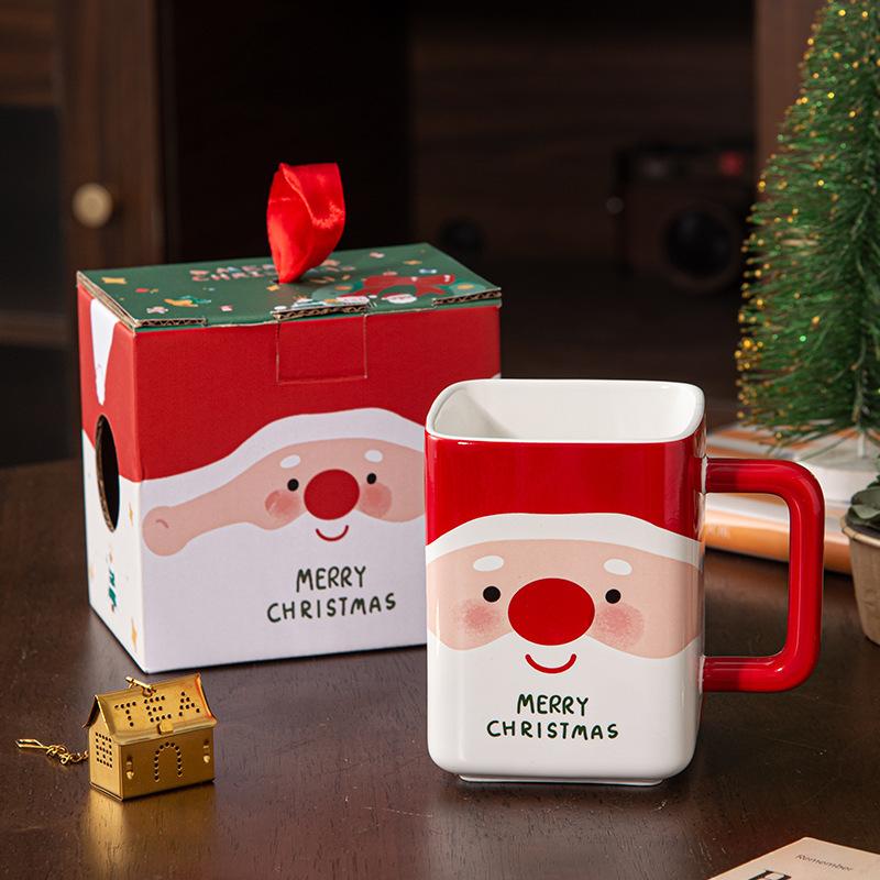 Square Cup Santa Claus, Christmas Snowman Ceramic , Creative Cartoon Coffee Mug, Christmas Gift