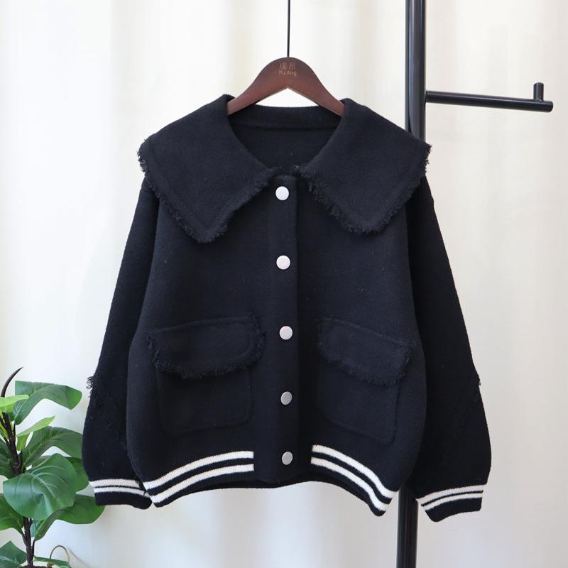Doll collar fringed knitted double-sided cardigan autumn and winter new loose design temperament sweater jacket women