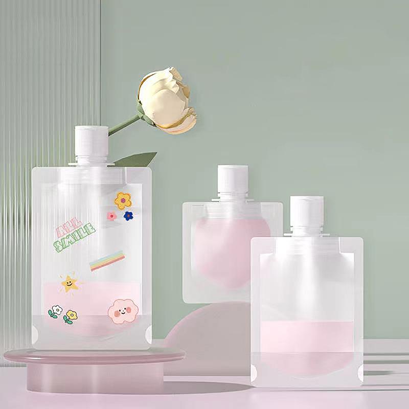 Sacchetto di imballaggio a conchiglia trasparente in plastica con beccuccio verticale, borsa da viaggio portatile per trucco fluido per lozione e shampoo