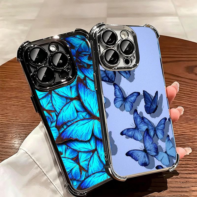 Blue Butterfly Aesthetics Plating Phone Case For Iphone 16 17 Pro Max Air 16E 14 15 Plus 12 13 Mini Anti-Fall Airabag Cover