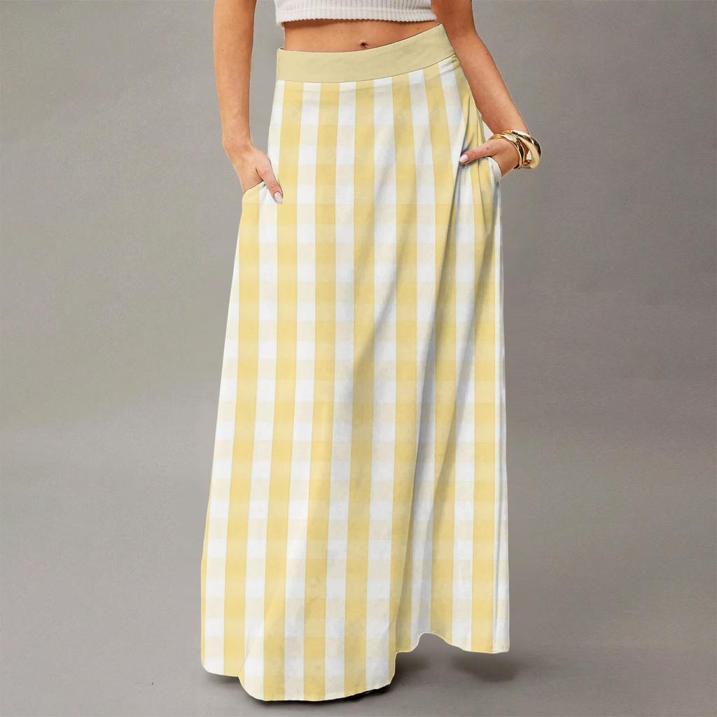 Women's Casual Leisure Foldable Striped Plaid Print High Waist With Pocket Draped  Relaxed Long Maxi Skirt