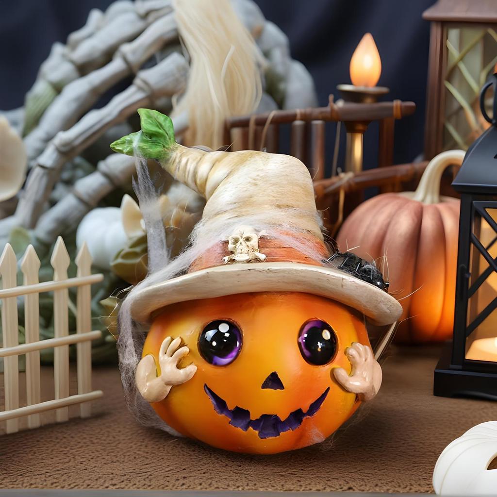 Halloween Pumpkin Resin Hat Pumpkin Table Figurine Fall Ornament for Thanksgiving Home Balcony Window Living Room Kitchen Party