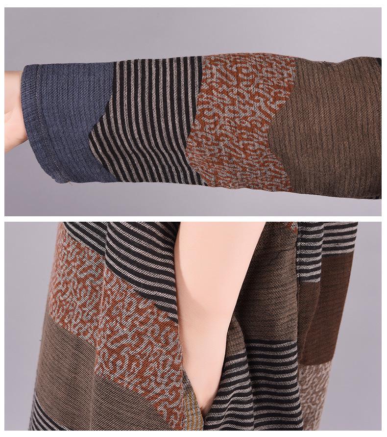 2025 Spring Women's Mid-Length Patchwork Striped Cotton Linen Dress with Round Neck and Long Sleeves