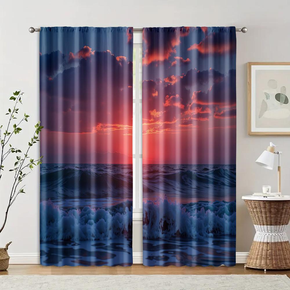 

Set Of 2 Filtering Curtains Excluding Rods Non Movable Without Batteries Sunset Sea Use Bedrooms Living Rooms Made Polyester Room Window Treatment W100*H70(CM)-Rod Pocket&2PCS