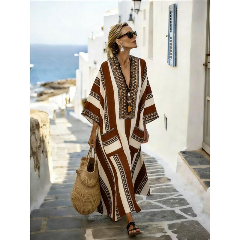European, American Y Bohemian fashion women's clothing casual vacation D printed beach Kaftan cardigan long dress