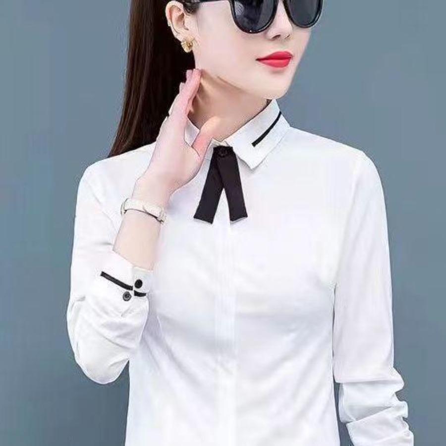 Damen Bluse Frühling Herbst Büro Solide Blau Weiß Tops Damen Langarm Büro Revers Dünnes Hemd