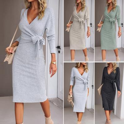 Women Spring Fall Dress Cross V Neck Lace-up Slim Fit Sheath Long Sleeves Knee Length Knitted Slim Fit Elastic Midi Dress Shopping Dating Dress