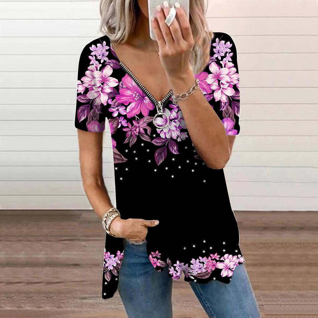 Women's Top Summer New Fashion Orange Peach Blossom Printed Casual Zipper V-neck Short Sleeve Top