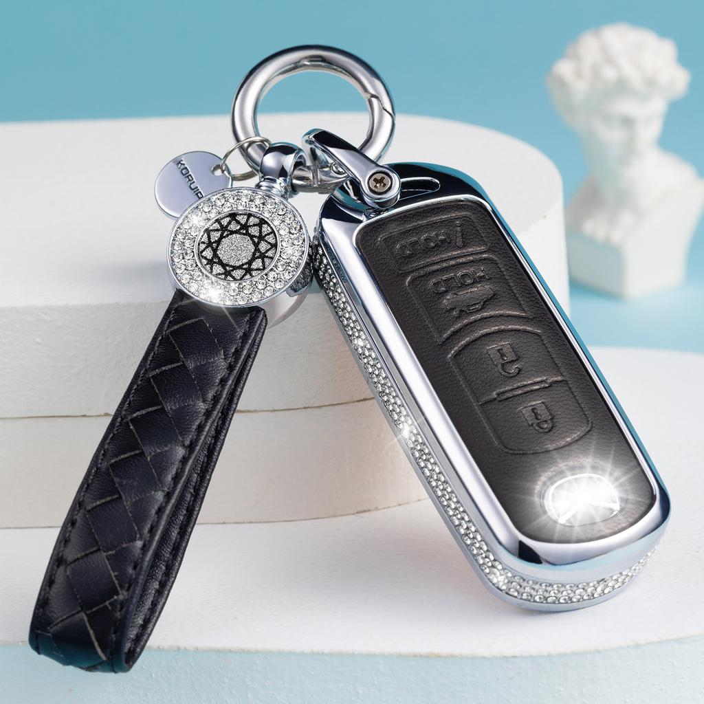 Key Fob Cover Compatible with Mazda, Pink Leather Crystal 360 Degree Protection Key Shell Case for Mazda 3 6 8 Miata MX-5 CX-3 C