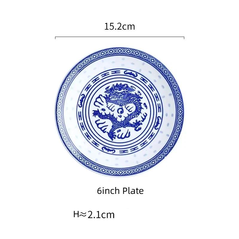 Conjunto Tigela Dragão Porcelana Azul e Branca – Tigelas Cerâmicas para Sopa de Arroz e Macarrão Prato Sob Esmalte