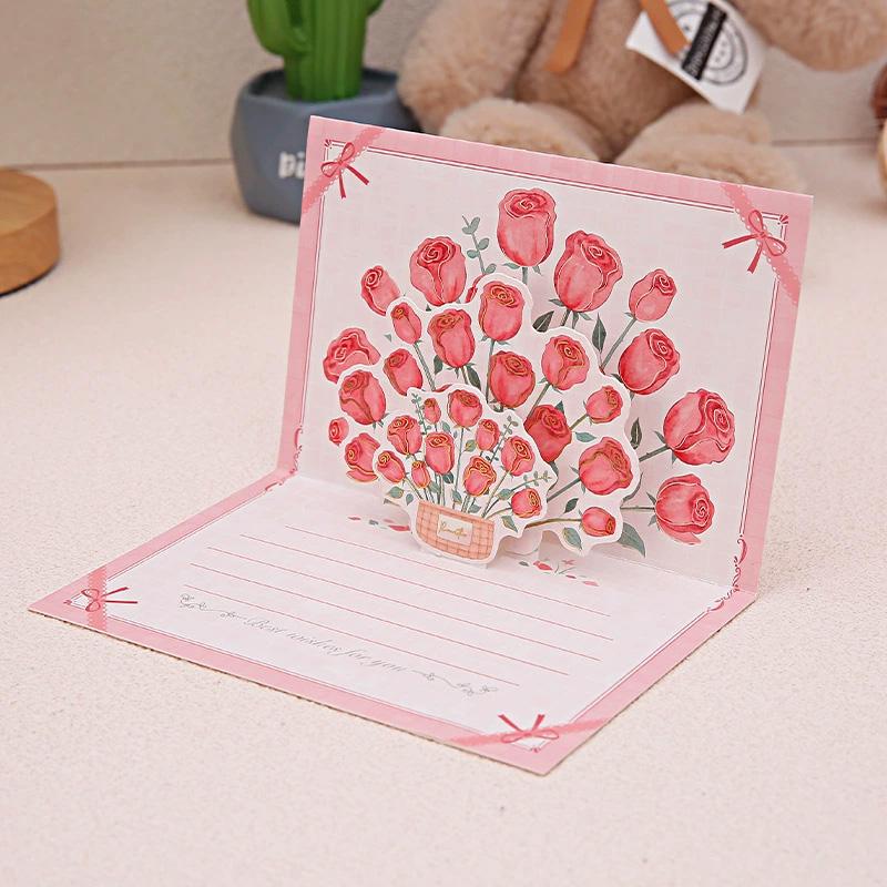 1PC Paper Postcard 3D Greeting Card Creative Roses Birthday Gift Card Sunflowers Bouquet Pop-Up Tulips