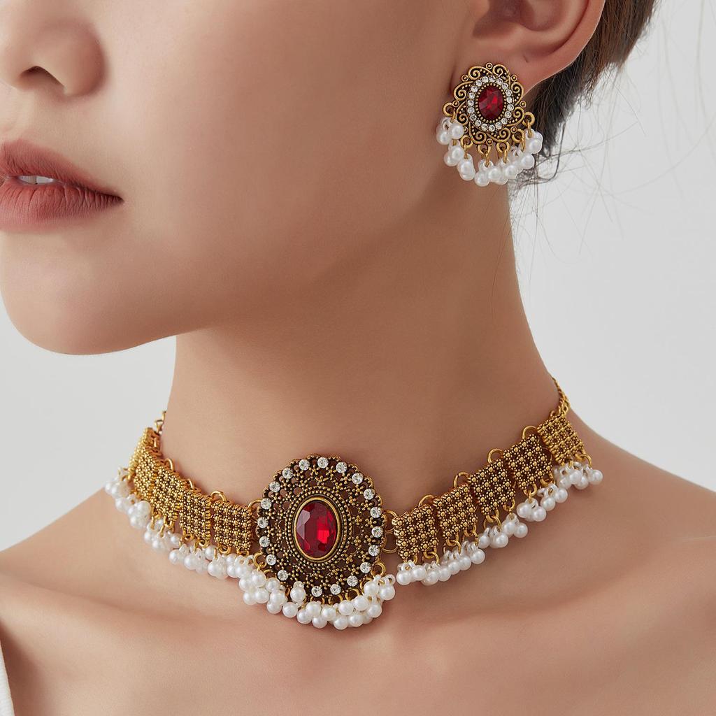 Cross-Border Ethnic Rhinestone Tassel Necklace & Earring Set