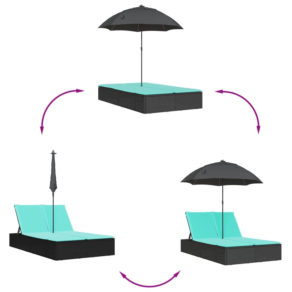Double Sun Lounger with Cushions & Parasol Black Poly Rattan